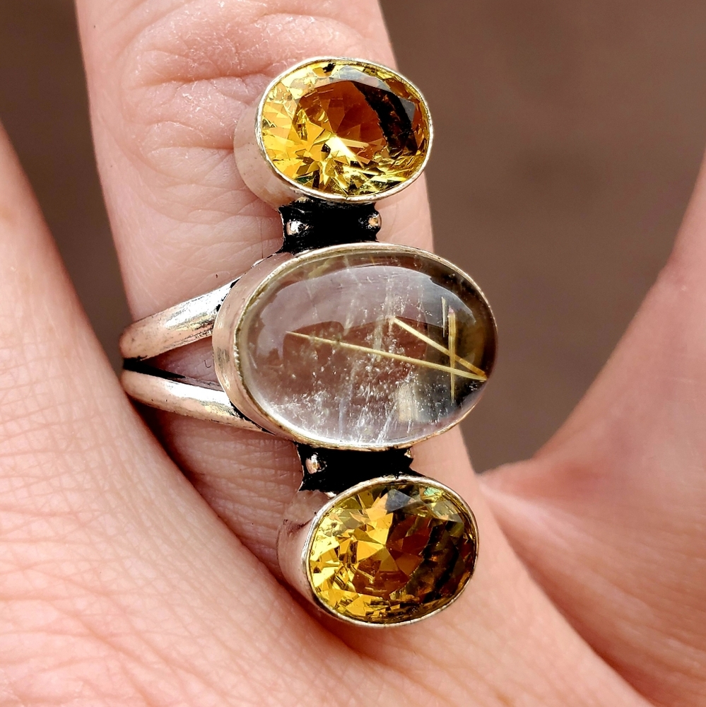 New Golden Rutile and Citrine 925 Silver Ring.